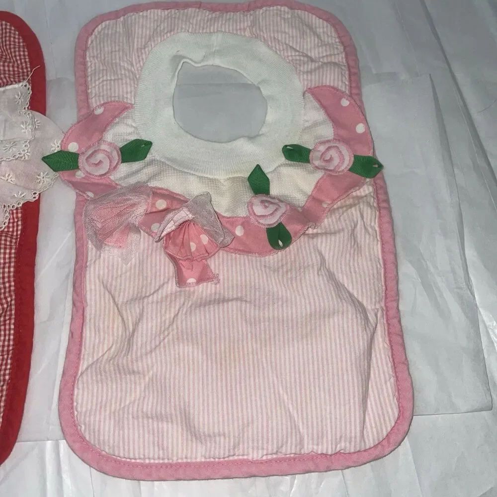 Vintage Mullins Square Kids Baby Bibs Lot 2 Pink Rose & Holly Christmas